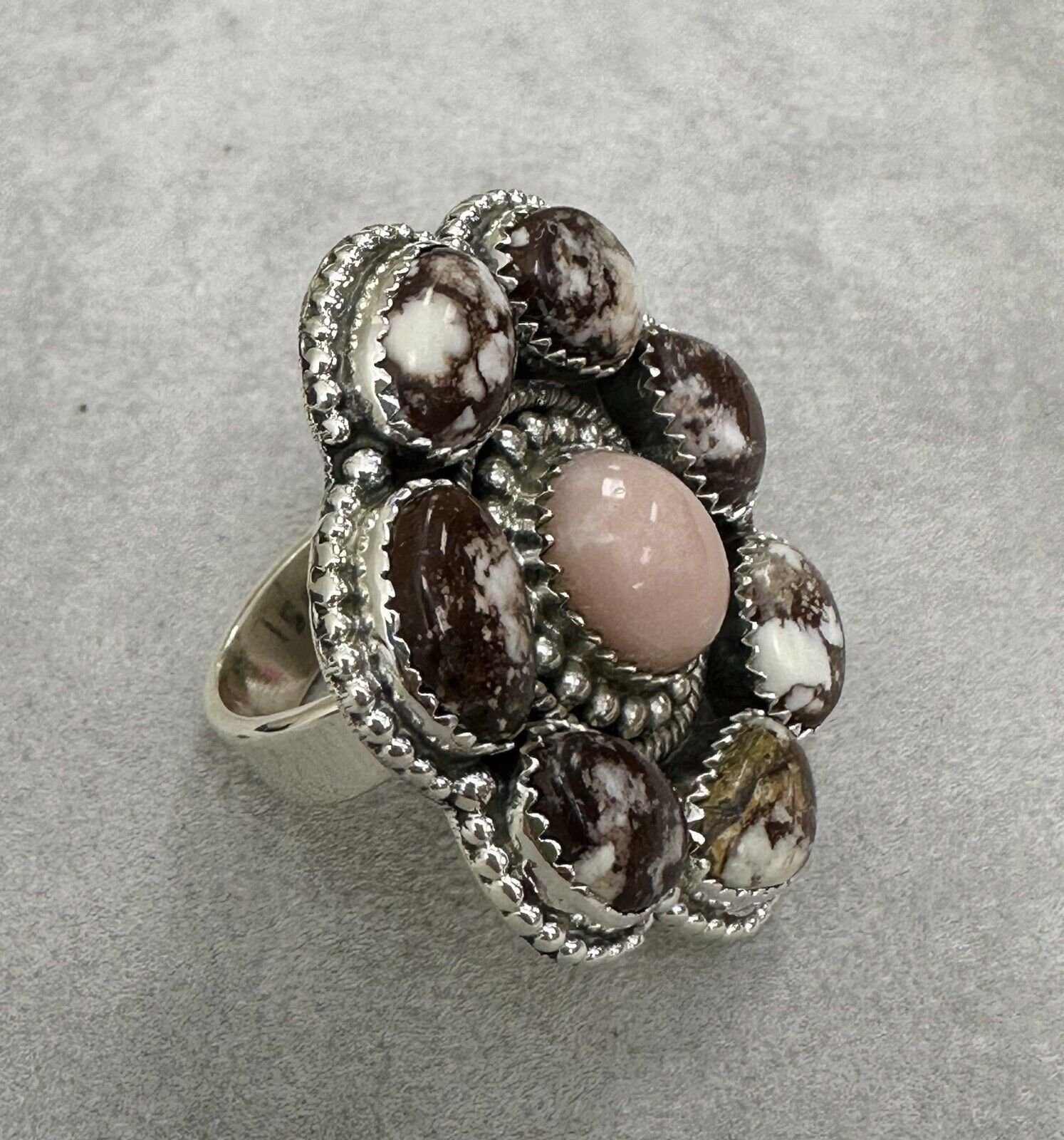 Wildhorse And Pink Opal Gemstone Sterling Silver 925 Adjustable Ring