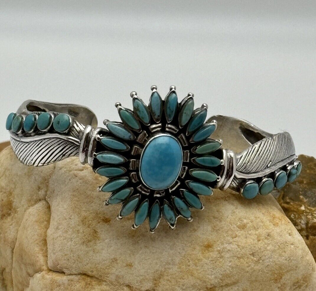 Turquoise Flower Cluster Cuff 925 Sterling Silver Southwestern Style 7”