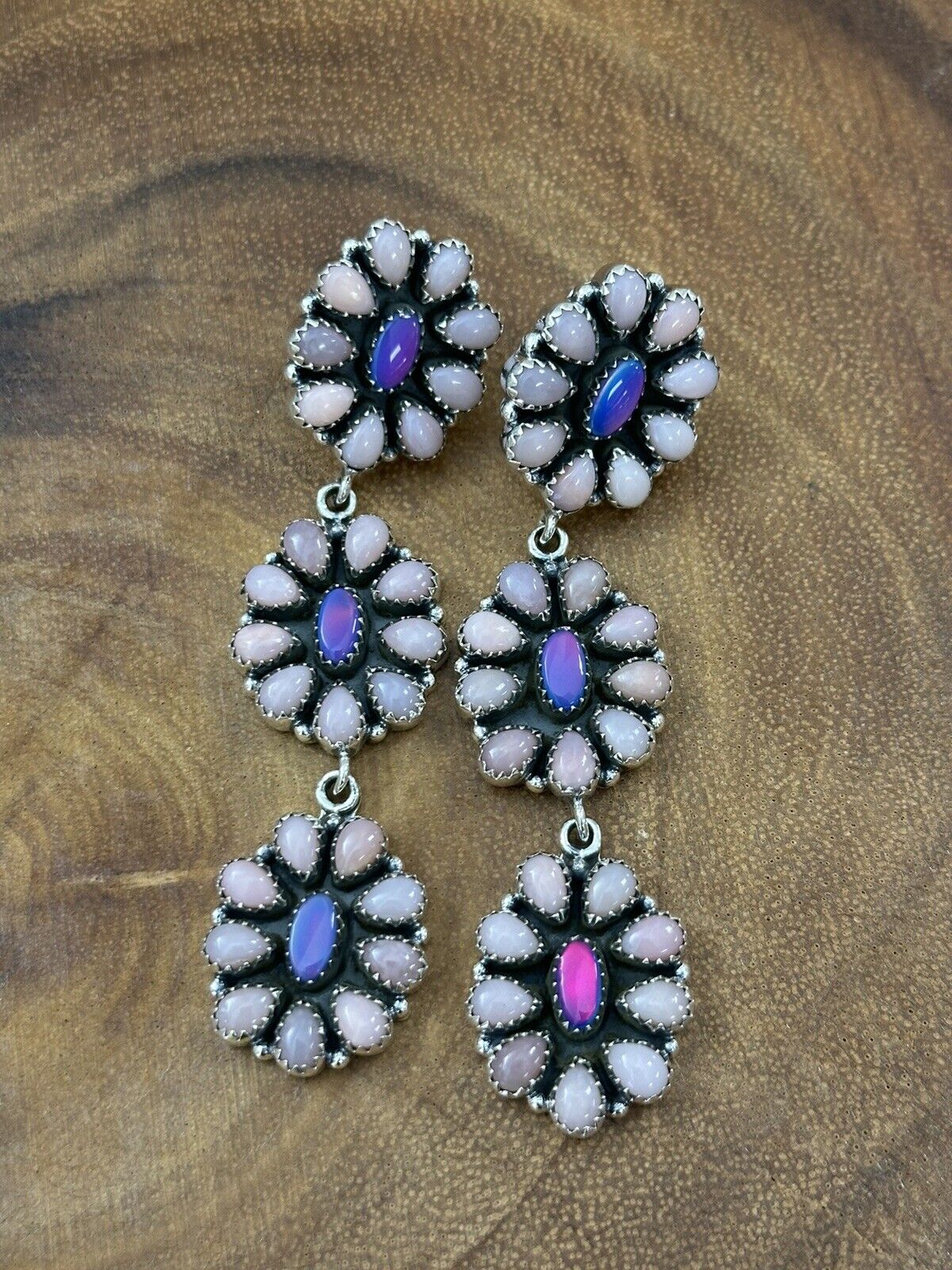 Statement Earrings! Natural Pink Opal And Aurora Opal 925 Sterling Silver