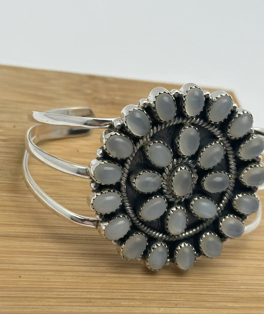 Natural Gray Moonstone Flower Cuff 925 Sterling Silver Size 6 3/4