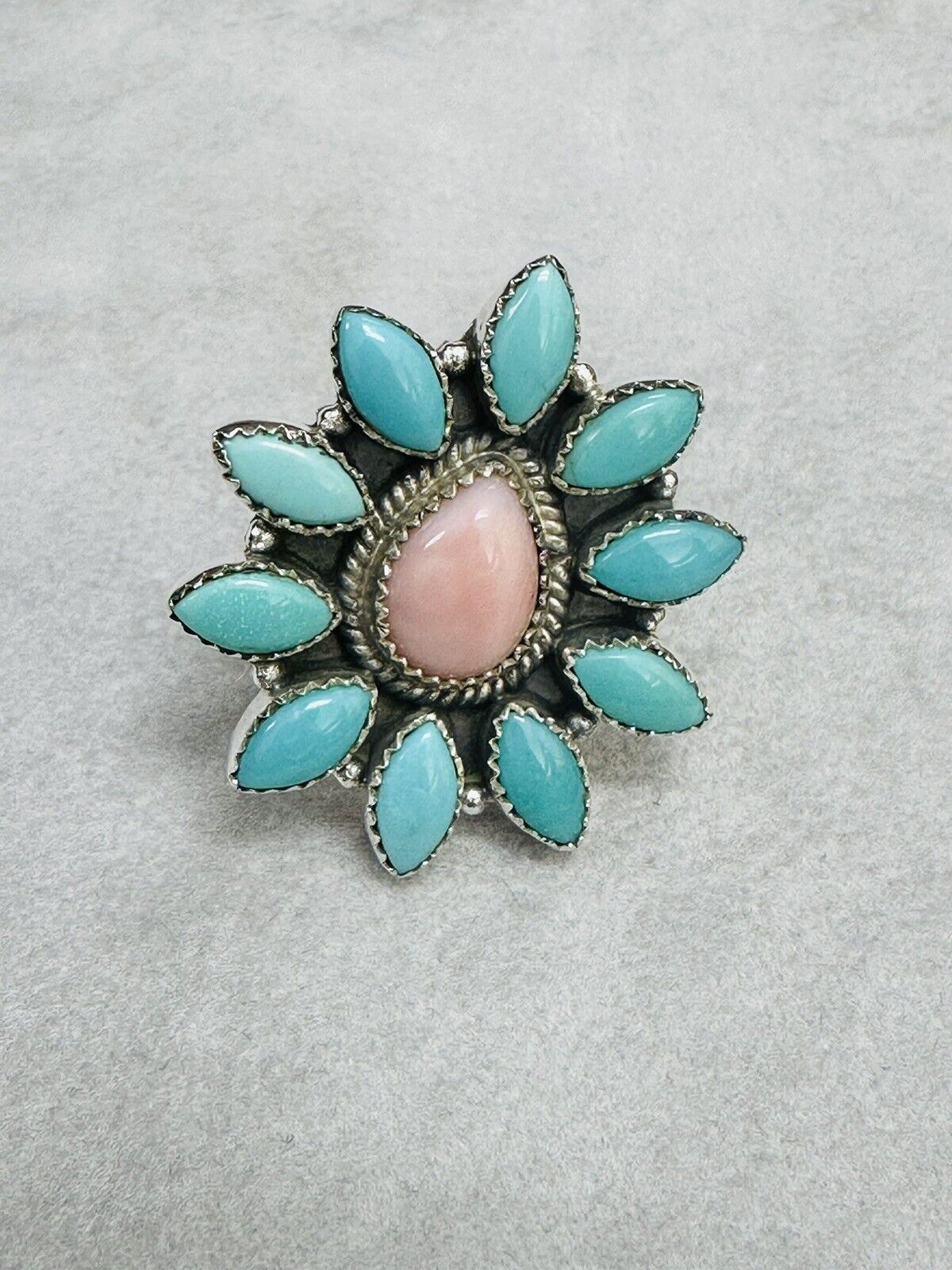 Turquoise And Pink Opal Natural Gemstone Ring Adjustable 925 Sterling Silver