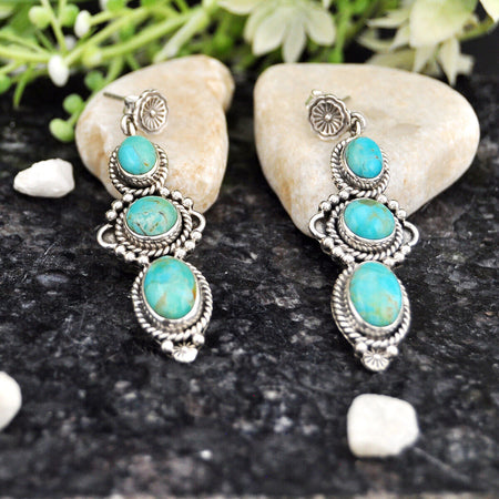 925 Silver 16.82cts Back Closed Natural Kingman Turquoise Dangle Earrings 4254