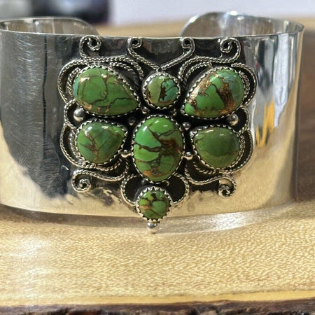 Lime Green Turquoise Dragonfly Cuff 925 Sterling Silver 78 Grams! Size 7.5