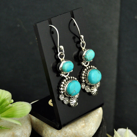925 Silver 10.02cts Back Closed Natural Kingman Turquoise Dangle Earrings 4427