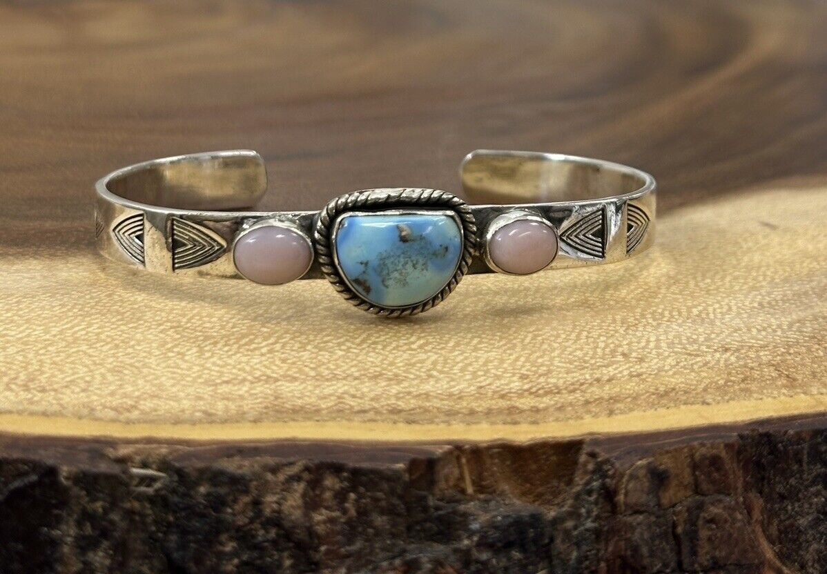 Golden Hills Turquoise And Pink Opal Dainty Cuff 925 Sterling Silver Size 6.5
