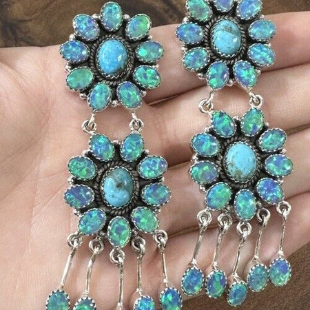 STATEMENT  Aurora Opal And Turquoise Cluster Dangle Earrings 925 Sterling Silver