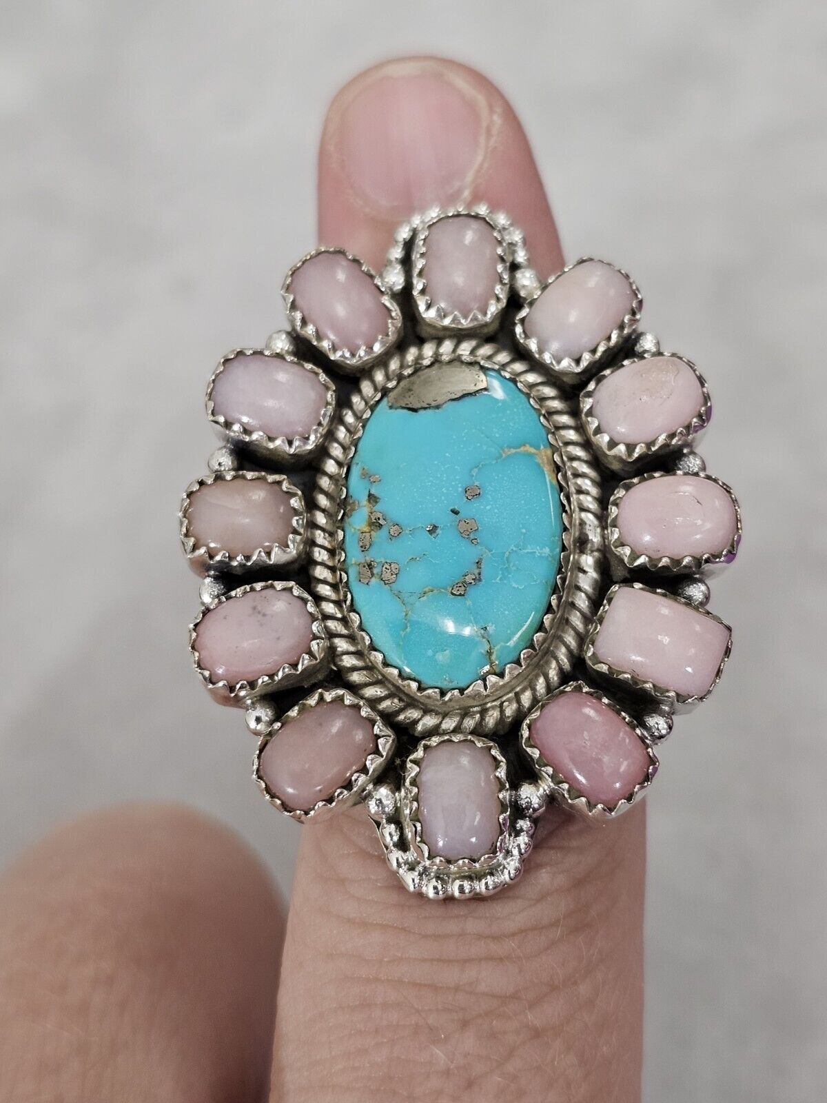 Ring Pink Opal And Turquoise Statememt Ring Adjustable 925 Southwestern Style