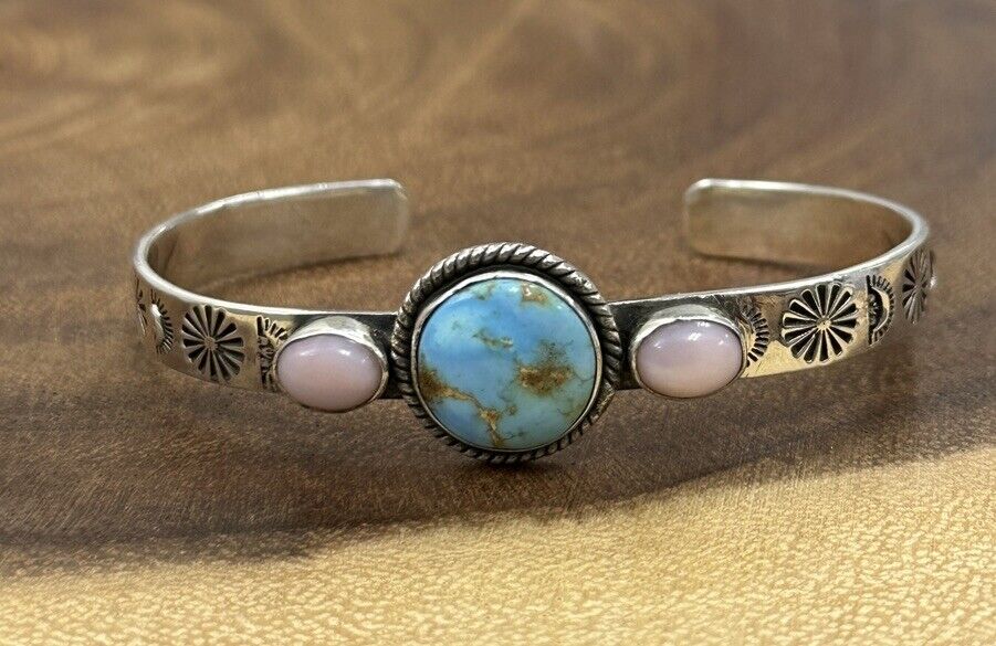 Golden Hills Turquoise And Pink Opal Dainty Cuff 925 Sterling Silver Size 6 3/4