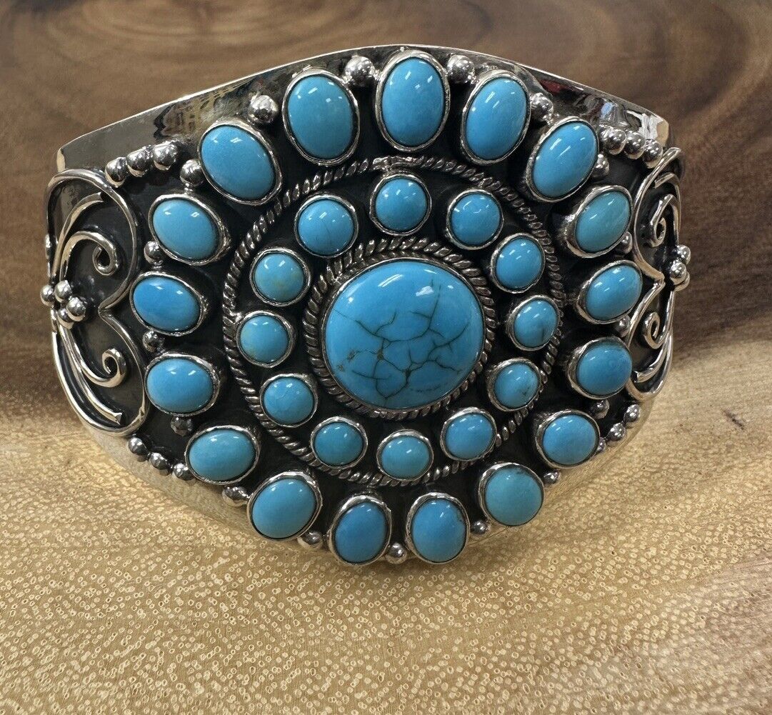 STATEMENT TURQUOISE CLUSTER CUFF BRACELET 925 Sterling Silver 8” 99 Grams!