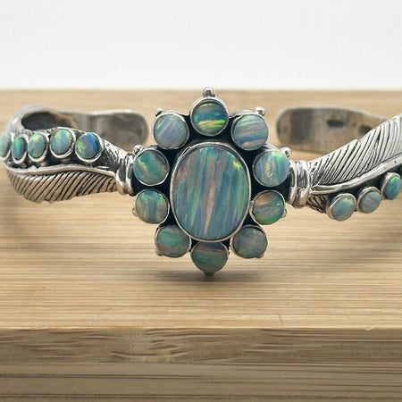 Flower Multicolor Blue Opal Cuff 925 Sterling Silver Southwestern Style Design