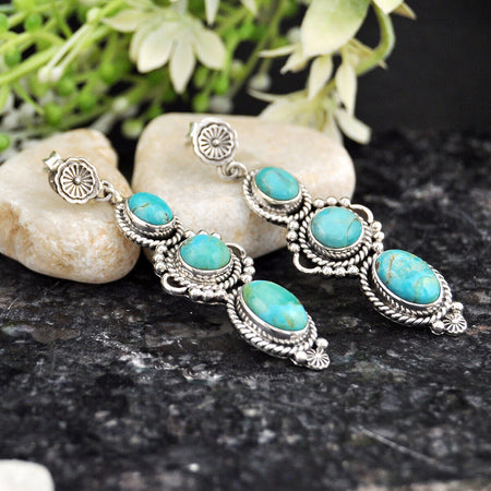 925 Silver 17.11cts Back Closed Natural Kingman Turquoise Dangle Earrings 4257