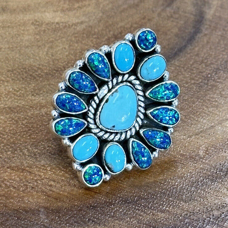Mystical Mermaid Turquoise And Lab Created Opal Sterling Silver Ring 925 Adjust