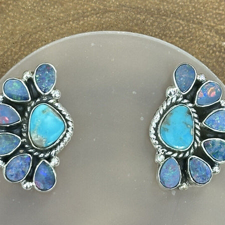 Turquoise And Doublet Opal Half Flower Earrings 925 Sterling Silver