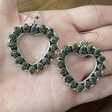 Dark Aurora Opal Open Heart Shaped Dangle Earrings 925 Sterling Silver