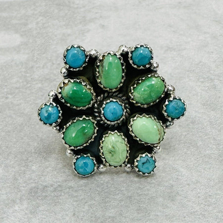 Turquoise And Variscite Gemstone Ring Adjustable 925 Sterling Silver Closed Back