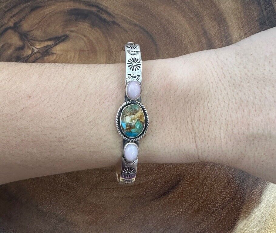 Royston Turquoise And Pink Opal Cactus Style Cuff 925 Sterling Silver Size 6.5