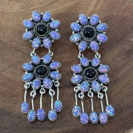 Statement Purple Aurora Opal And Black Onyx Dangle Cluster Earrings 925 Sterling