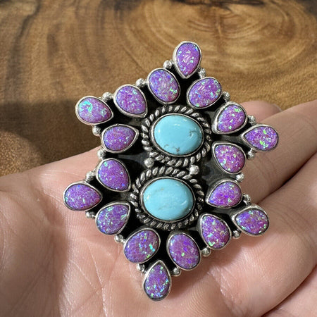 Violet Opal And Turquoise Statement Ring Adjustable 925 Sterling Silver