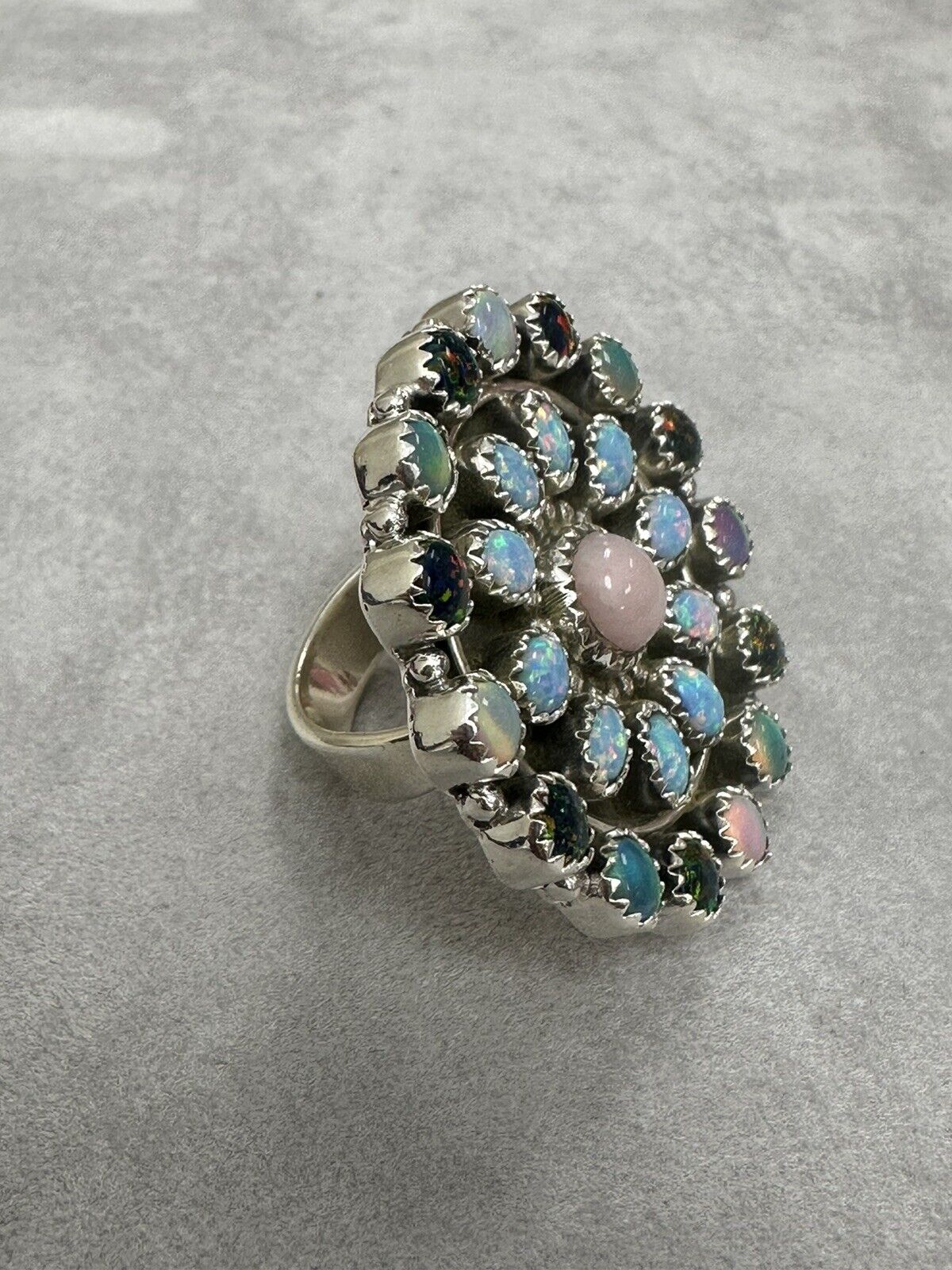 Aurora Opal/Natural Pink Opal Statement Cluster Ring 925 Sterling Silver Adjusts