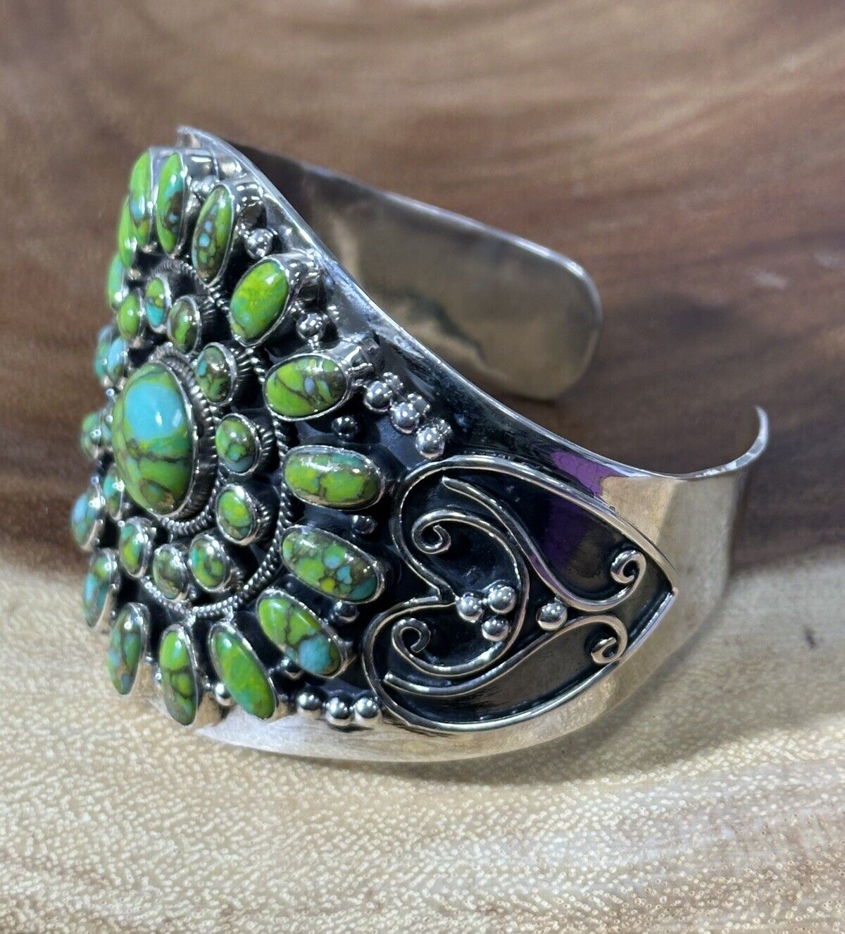 Lime Green Turquoise Cluster Flower Statement Cuff 925 Sterling Silver Size 7.5