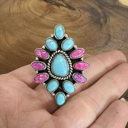 Barbie Statement Hot Pink Opal And Turquoise Sterling Silver Adjustable Ring