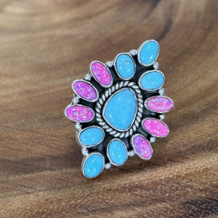 Barbie Statement Hot Pink Opal And Turquoise Sterling Silver Adjustable Ring