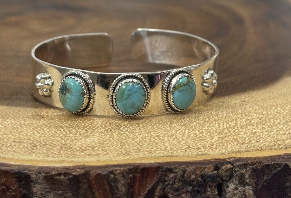 Three Stone Turquoise Cuff 925 Sterling Silver 8” Southwestern Style