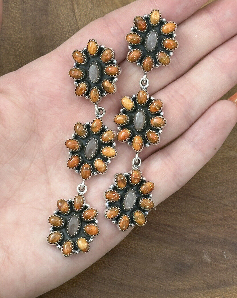 Statement Earrings! Orange Mojave Turquoise & Chocolate Moonstone 925 Sterling