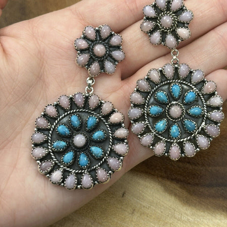 Statement Earrings!  Natural Pink Opal And Turquoise 925 Sterling Silver Cluster