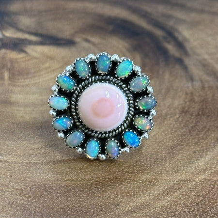 Conch Sell And Ethiopian Opal Ring Natural Gemstone 925 Sterling Silver Adjustab
