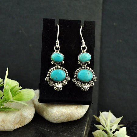 925 Silver 10.02cts Back Closed Natural Kingman Turquoise Dangle Earrings 4427