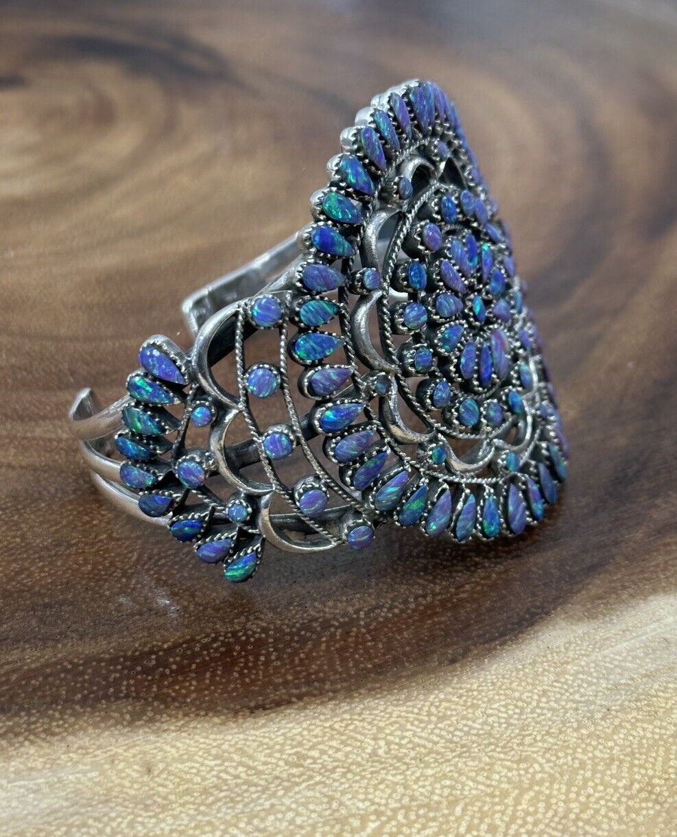 Statement Cluster Purple/green Opal Inlay Cuff 925 Sterling Silver