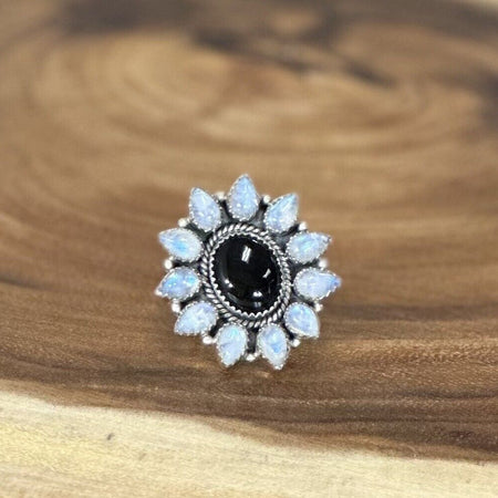 Black Onyx And Moonstone Flower Ring Adjustable 925 Sterling Silver