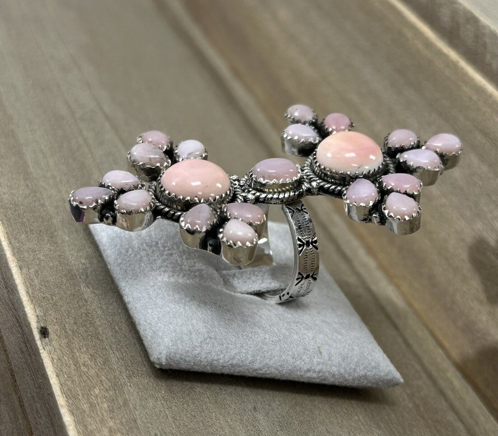 Pink Opal And Queen Conch Shell Adjustable 925 Sterling Silver Statement Ring