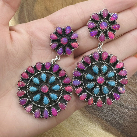 Statement Earrings Hot Pink Enhanced Ethiopian Opal And Turquoise 925 Sterling
