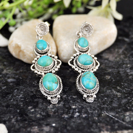 925 Silver 17.11cts Back Closed Natural Kingman Turquoise Dangle Earrings 4257