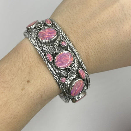 Pink Opal Inlay Cuff With Leaf And Flower Design 925 Sterling Silver 7”