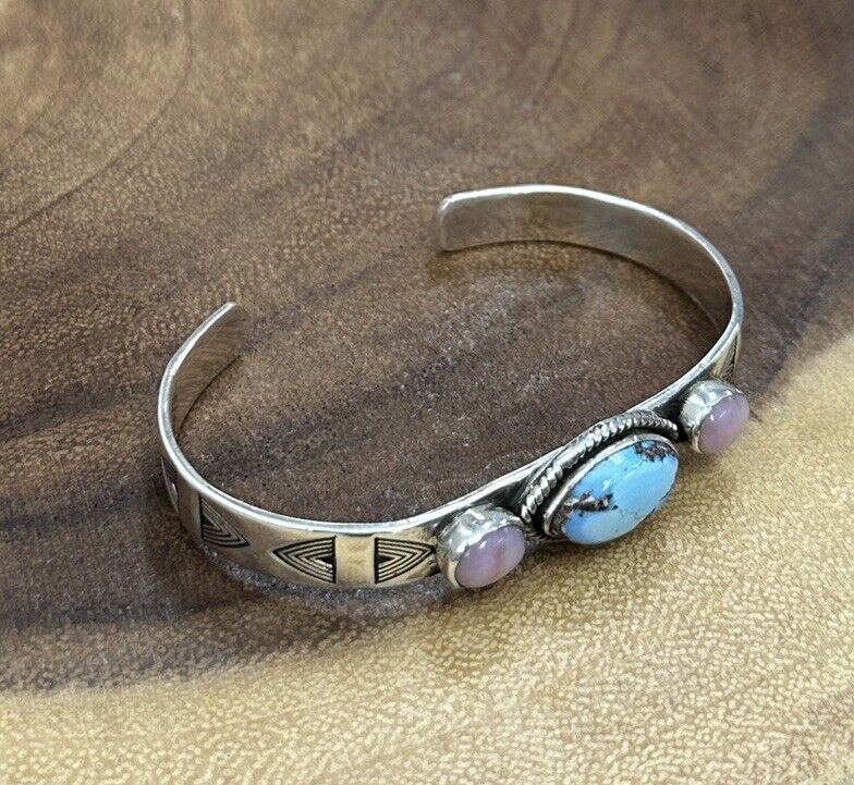 Golden Hills Turquoise And Pink Opal Dainty Cuff 925 Sterling Silver Size 6 3/4