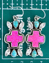 28.58cts Hot Pink Opal White Crystal Turquoise 925 Silver Cross Earrings 4647