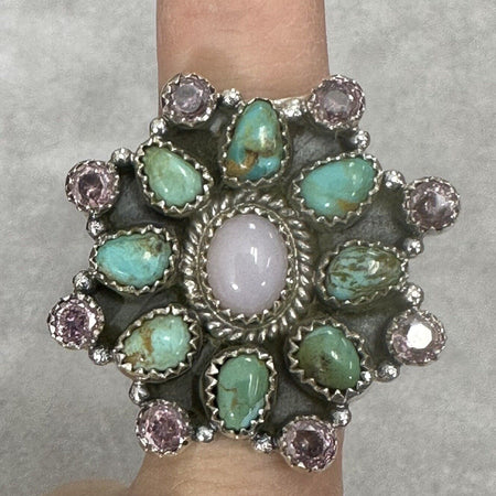 Turquoise Natural Pink Opal And Rose Quartz 925 Sterling Silver Ring Adjustable