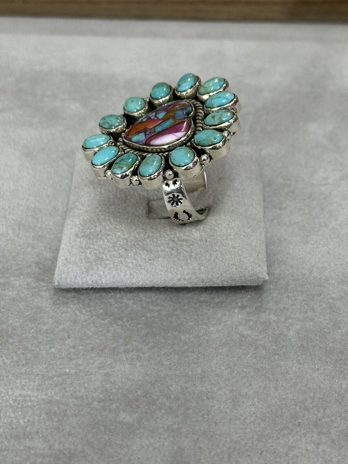Spiny Oyster And Turquoise Heart Shaped Ring 925 Sterling Silver Adjustable