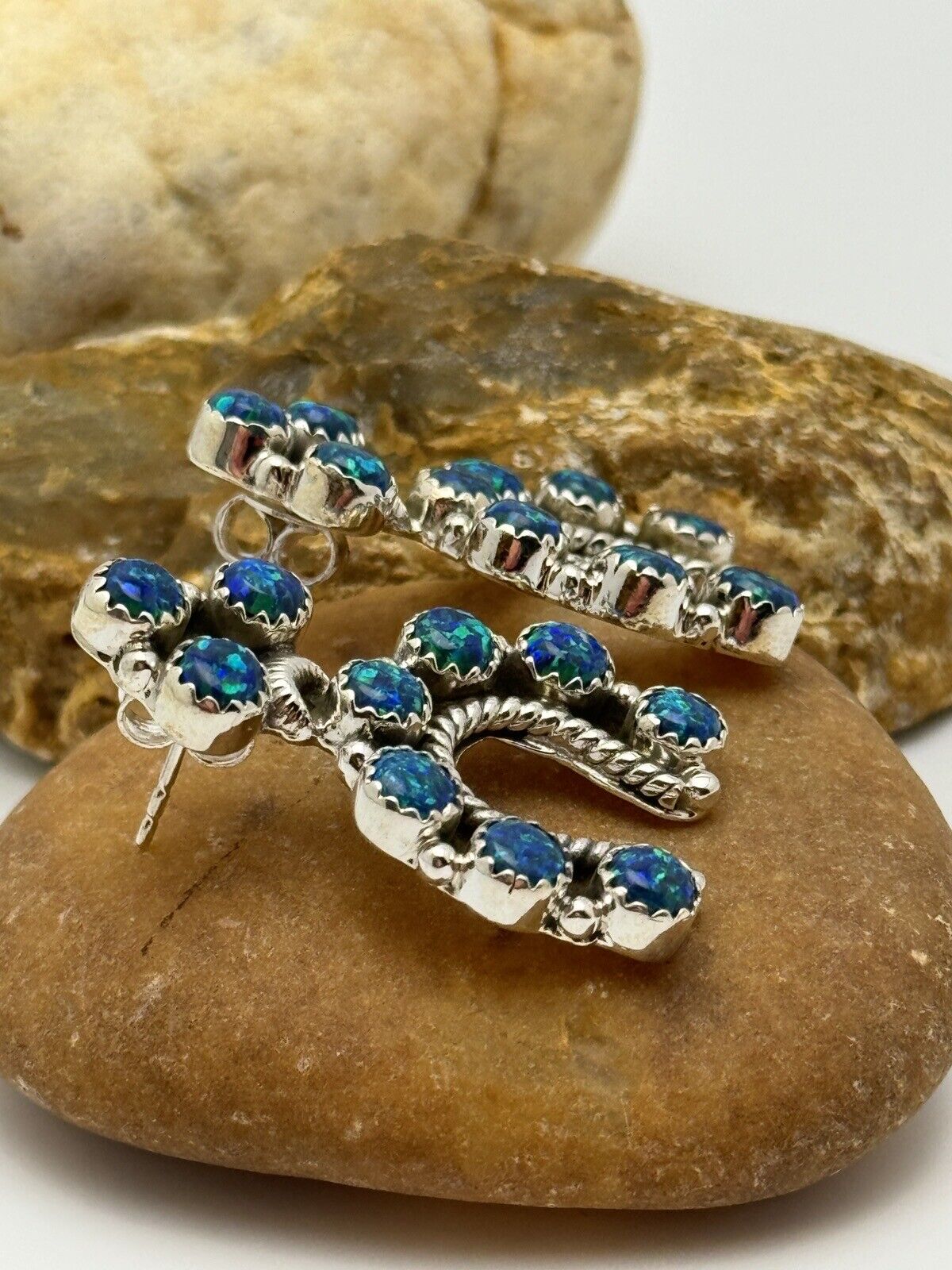 Blue/green Aurora Opal Naja/horseshoe Post Dangle Earrings 925 Sterling Silver