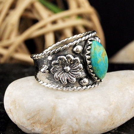 925 Silver 5.21cts Back Closed Green Turquoise Flower Ring Jewelry Size 6 4634