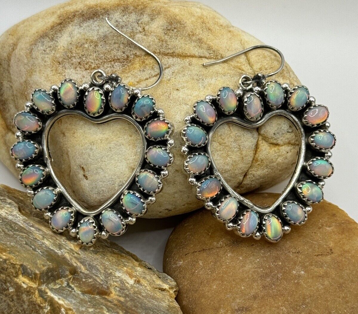 Light Multicolor Aurora Opal Open Heart Circle Dangle Earrings 925 Sterling