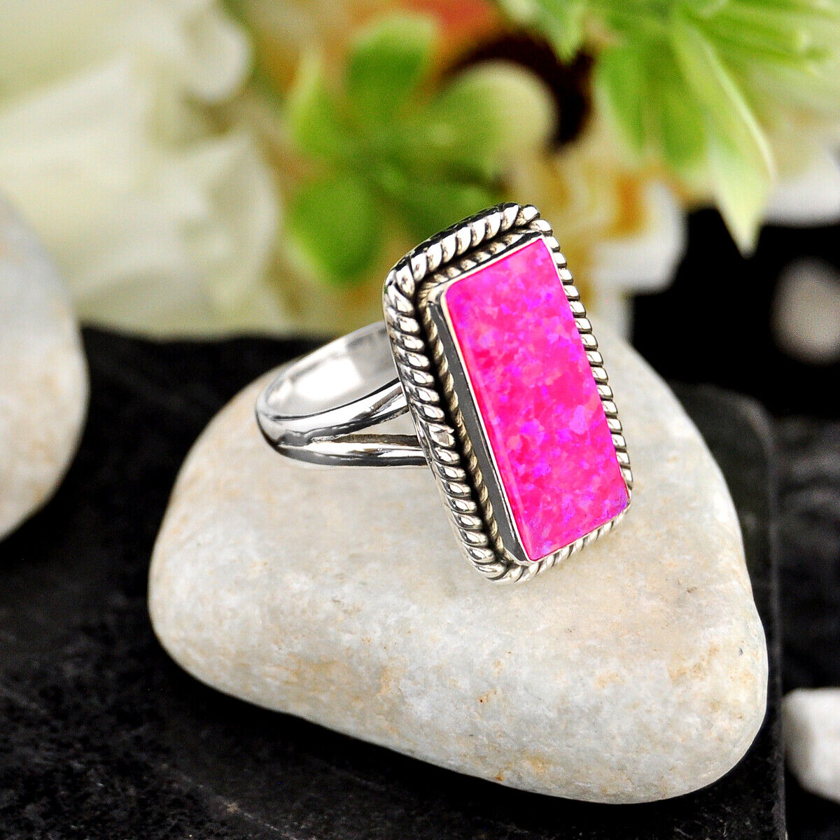 5.69cts Back Closed Hot Pink Opal Octagon Sterling Silver Ring Size 7.5 4815