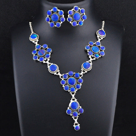 925 36.00cts back closed volcano blue aurora opal necklace earrings set 4916