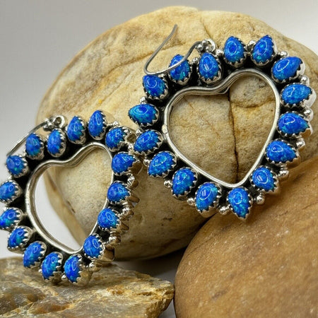 Blue Aurora Opal Open Heart Circle Dangle Earrings 925 Sterling