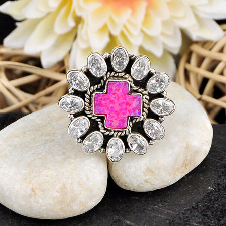 15.92cts Hot Pink Opal White Crystal 925 Sterling Silver Cross Ring Size 7 4682