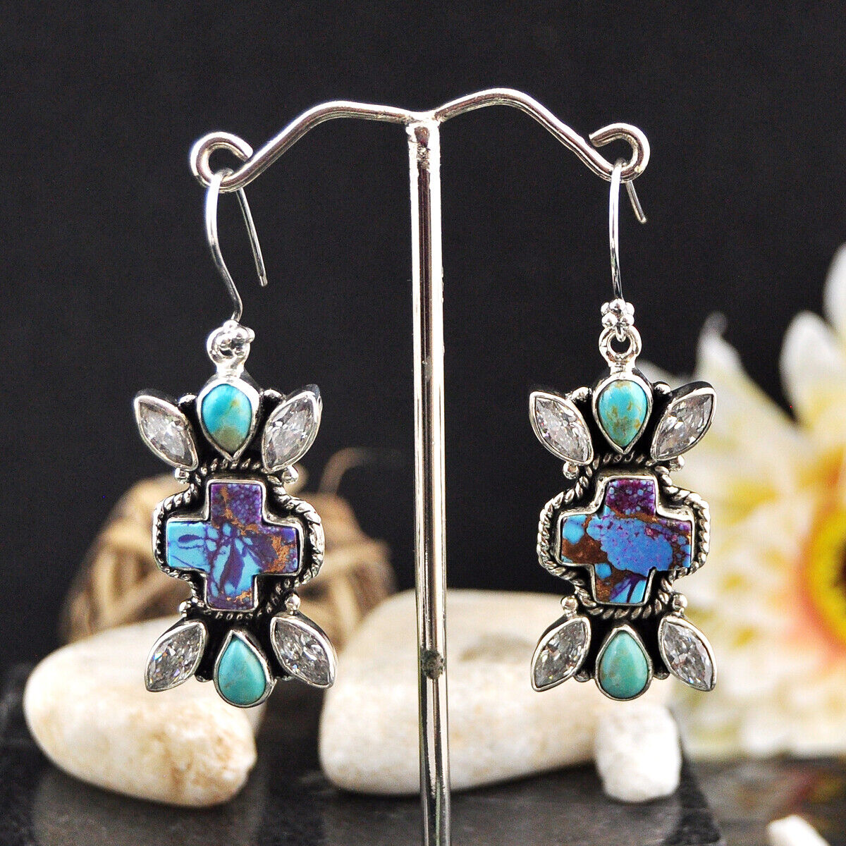 28.24cts purple Copper Turquoise Crystal Turquoise cross 925  Earrings 4629