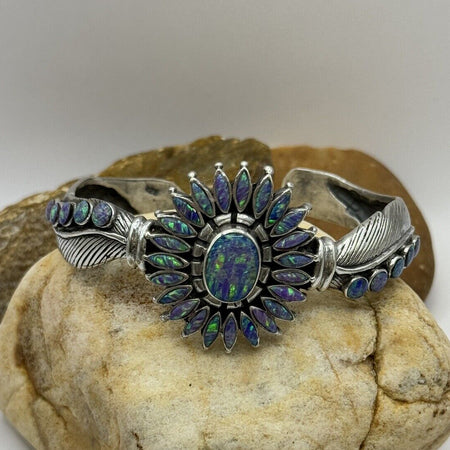 Purple Opal Inlay Flower Cluster Cuff 925 Sterling Silver Size 6